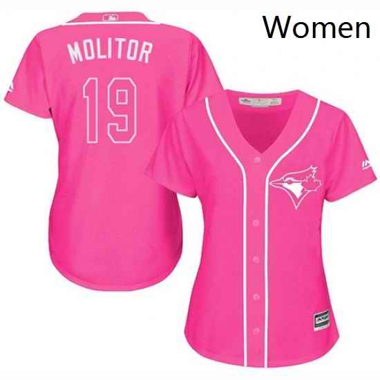 Womens Majestic Toronto Blue Jays 19 Paul Molitor Authentic Pink Fashion Cool Base MLB Jersey